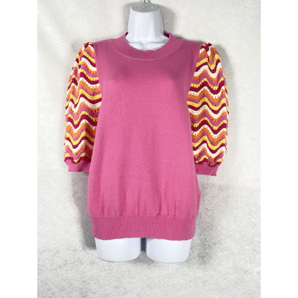 THML Sweater Top Women's XL Pink Red Crew Neck Short Sleeve Crochet